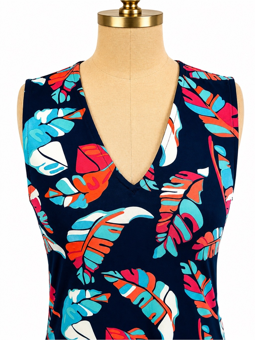 escapada Navy Tropical Leaf Print Sleeveless V-Neck Dress